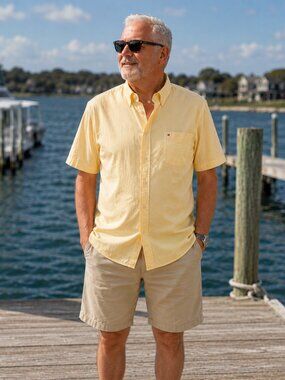 Tommy Hilfiger XL Button Down Yellow Short Sleeve Button Shirt Micro-Check